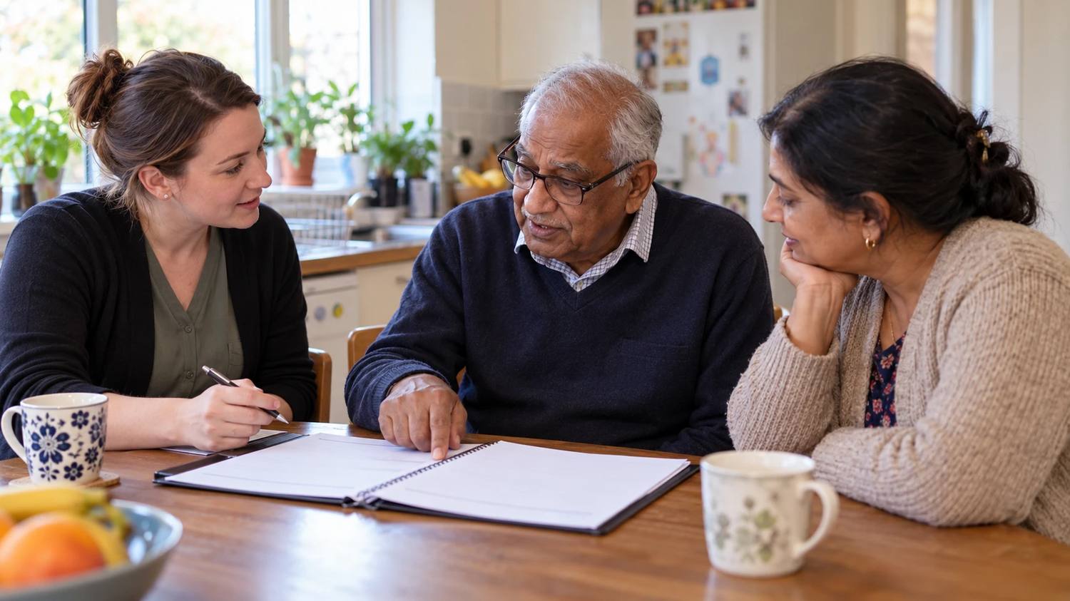 A member of our team going through a care plan at the kitchen table with a couple