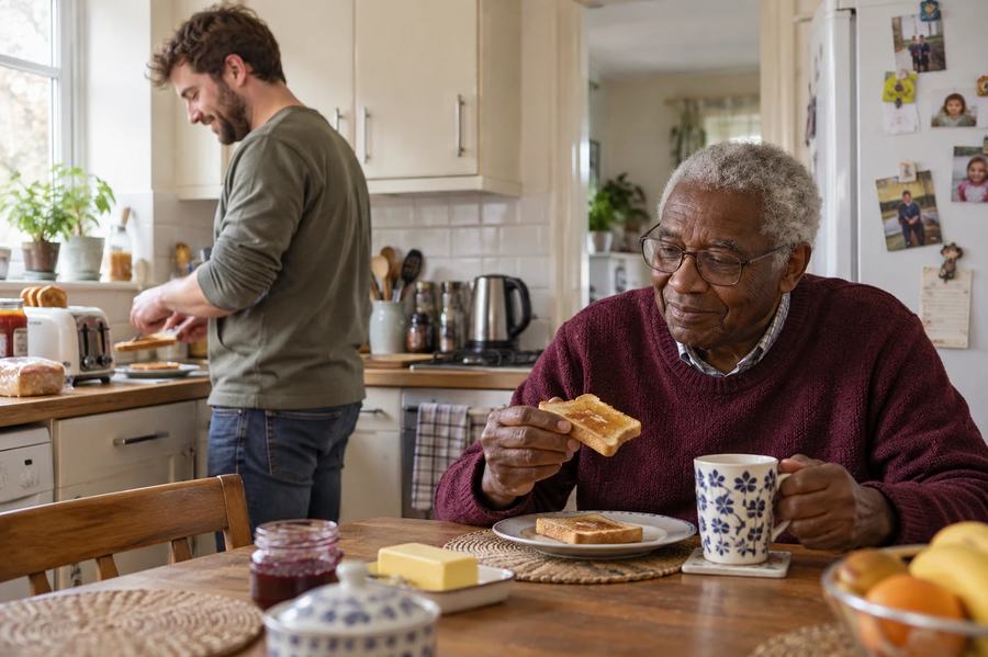An older man having tea and toast at his kitchen table while his carer finishes making breakfast