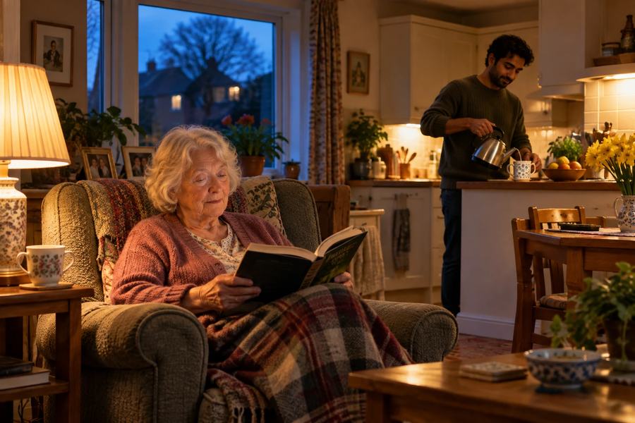 An older woman reading in her armchair in the evening while her live-in carer makes tea