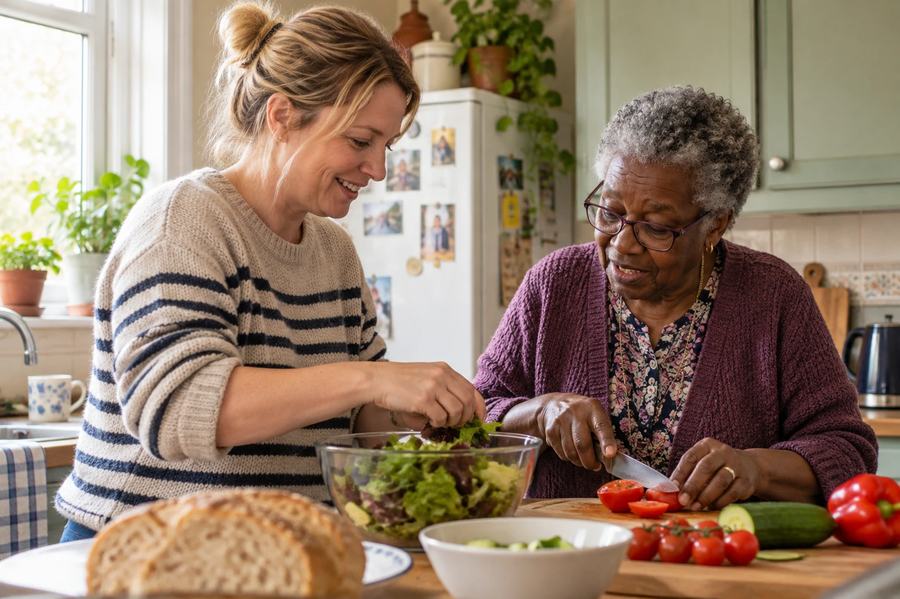 A carer preparing a meal alongside an older woman in her kitchen