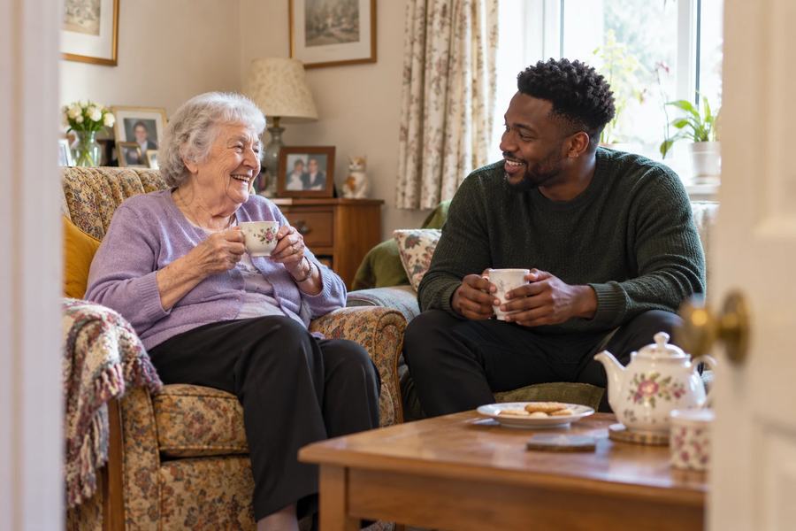An older woman laughing with her carer over a cup of tea in her front room