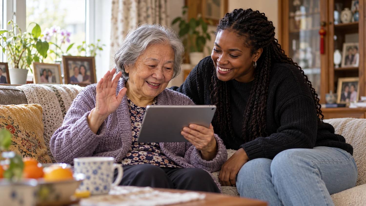 An older woman waving on a video call with her carer sitting alongside her