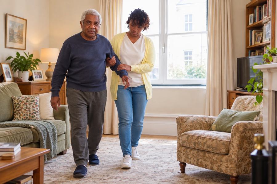 A carer walking arm in arm with an older man across his own living room