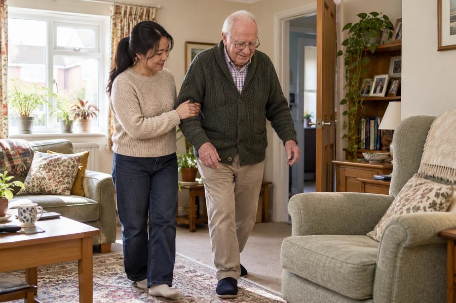 A carer steadying an older man as he walks across his living room